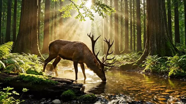 Majestic stag with antlers drinking from a tranquil river in a sun-drenched forest scene with lush greenery