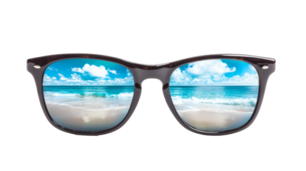 Stylish sunglasses reflecting a serene beach scene with turquoise waves and a blue sky, evoking feelings of relaxation and vacation
