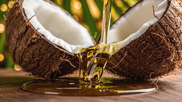 Close-up of Fresh Coconut with Honey Dripping Over the Open Shell in a Natural