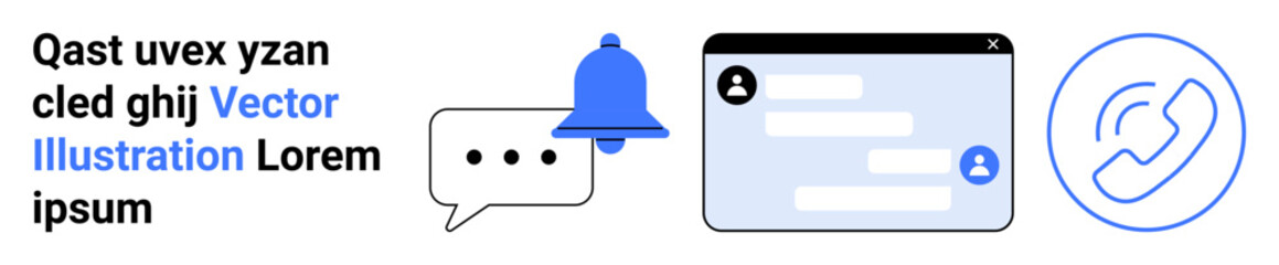Fototapeta premium Digital communication, online interaction, messaging systems, notifications, customer support, modern apps. Chat bubble, bell alert and phone icon with clean design. Digital communication