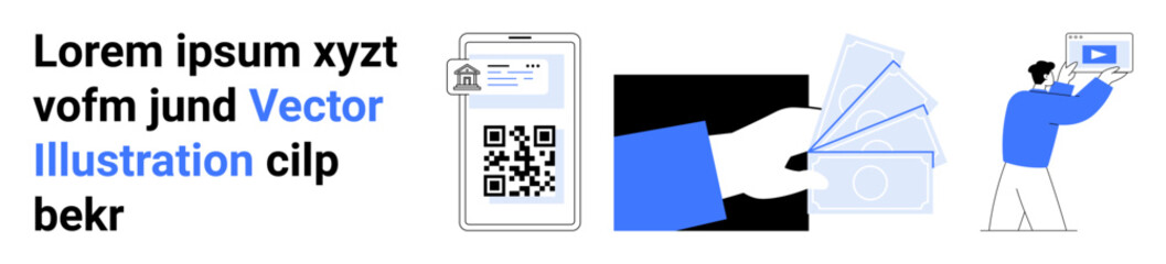 QR code scanning on a digital card holder, exchanging currency notes, person streaming media. Ideal for technology, finance, e-commerce, digital marketing, innovation, user interface simple landing © robu_s