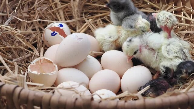 Chicks hatch from eggs on the farm.
