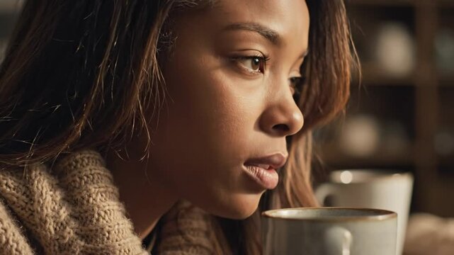 Woman takes a deep breath while looking at a cup of tea in a warm cozy setting