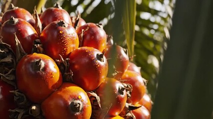 Close-up view of ripe palm fruit cluster on a sunny day in an orchard