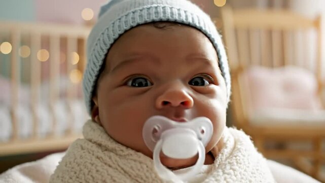 Adorable baby in a cozy environment, wearing a light blue beanie and enjoying a pacifier, looking at the camera.
