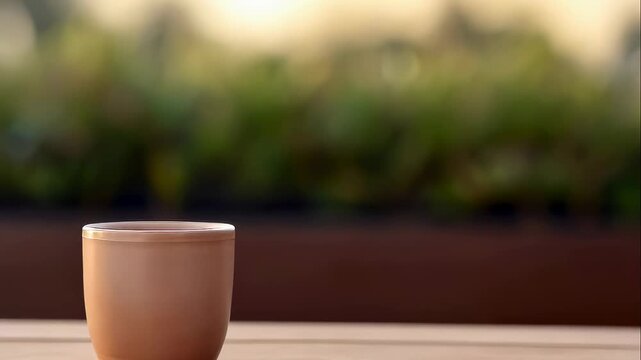 An empty terracotta plant pot moves slightly on a wooden surface with a blurred green background. Gardening supply awaiting planting.