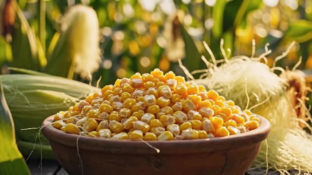 Close-up view of fresh sorted corn grains in a rustic outdoor setting