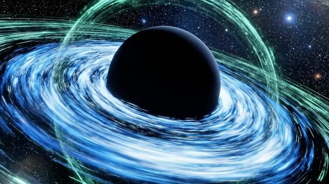 A swirling blue and green accretion disk surrounds a dark, spherical celestial body in the vastness of space