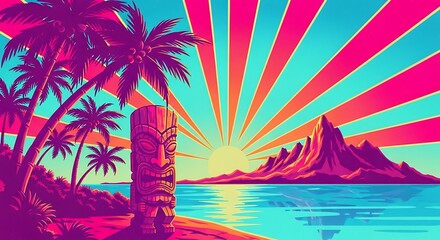 Vibrant Tropical Island Sunset with Palm Trees and Tiki Statue.