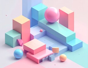 Fototapeta premium Flat isometric composition of geometric forms, visual depth with clean edges