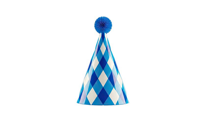 Blue and white checkered party hat with pom-pom on top