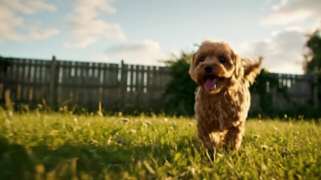 Happy puppy runs in a grassy backyard towards the camera on a sunny summer day, golden hour
