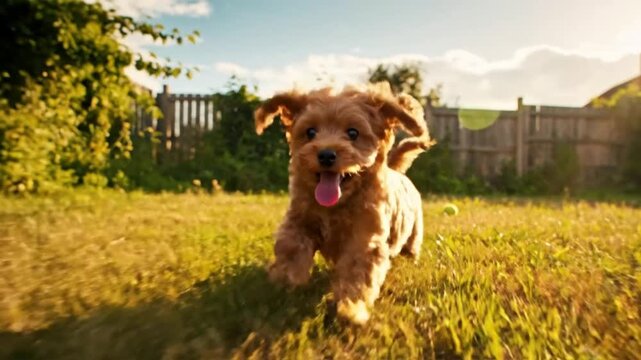 Happy Cavapoo Puppy Runs Toward Camera in a Sunny Backyard with a Tennis Ball, Smiling With Tongue Out