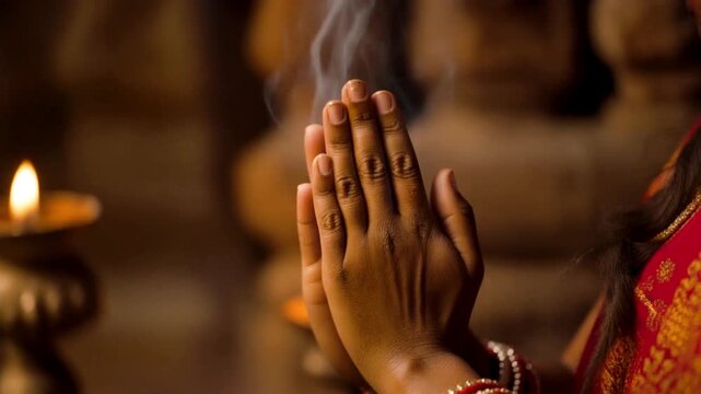 A woman's hands clasped in prayer with incense smoke rising, a serene and intimate moment captured in a cinematic close-up shot