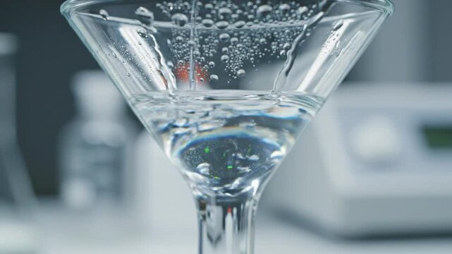Close-up of a glass of liquid, water being poured with a shimmering opal at the bottom, creating a beautiful display.