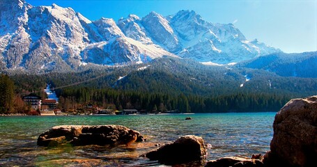 Mountain Landscape Serenity, Tranquil Alpine Scenery With Nature, Peaceful Mountain Scene With Lake And Trees