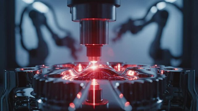 Industrial CNC machine laser cutting a shiny metal component with bright sparks and reflection, close-up