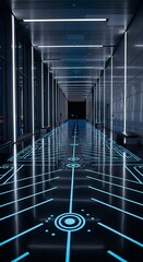 Futuristic Corridor with Neon Lights and Geometric Patterns.