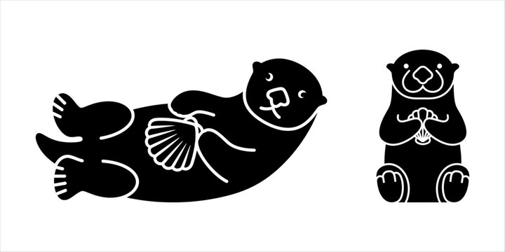 Charming black silhouette vector icons of playful sea otters, one holding a shell