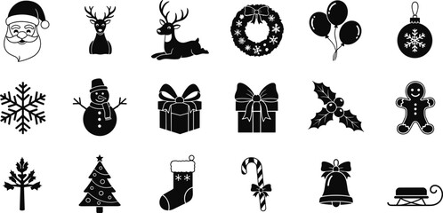 Naklejka premium Christmas icons collection, holiday symbol artwork, festive design illustration, Santa Claus silhouette, reindeer concept, gift box style, celebration set