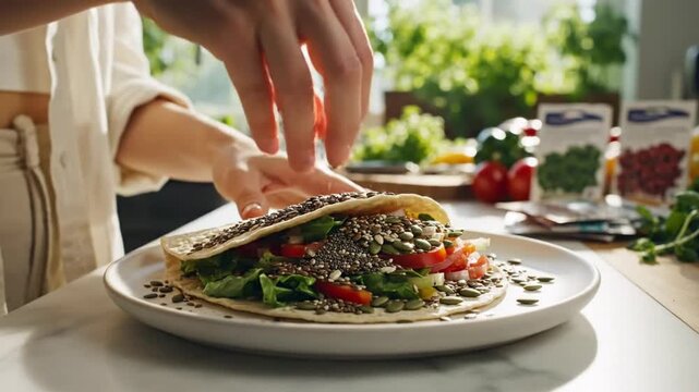 Chef preparing a healthy and delicious vegan tortilla wrap with fresh vegetables and seeds in a bright kitchen