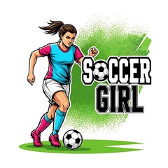 Determined Soccer Girl Kicking Ball with Focus and Skill.