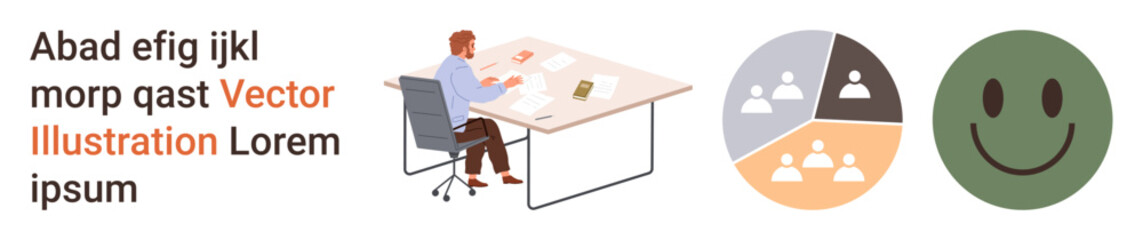 Fototapeta premium Business, data analysis, workplace productivity, user feedback, team metrics, visualization. A man working at a desk with pie charts and a green happy face. Business and data analysis concept