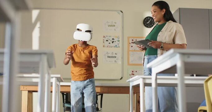 African American teenage student in class after teacher tap on tablet, using VR headset gesturing