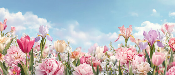 Ultra-high-quality panoramic wallpaper, horizontal composition, spring season theme, clear blue sky with soft luminous gradients, gentle sunlight, pastel color, armony color. Ideal for background.