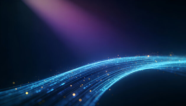 Technology innovation blue fiber optic data stream light trail on indigo gradient background with copyspace for business analytics dashboards