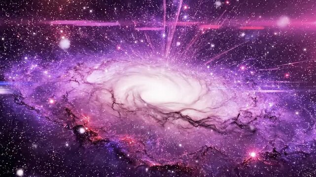 A vibrant, swirling galaxy with shades of purple and pink set against a starry night sky