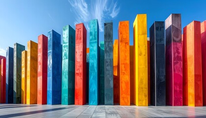 a vibrant display of colorful blocks against a clear blue sky