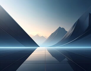 an abstract landscape featuring skyscrapers and mountains during sunset