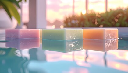 three rainbow-colored cubes placed on a reflective surface, with a blurred background of greenery and sunset