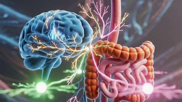 Brain and Gut Connection Illustrative Animation Showing Neural Pathways and the Microbiome's Influence