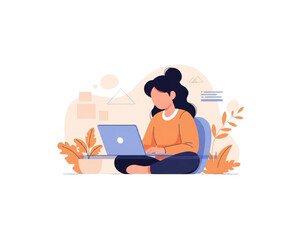 Woman Working on Laptop Vector Illustration. Flat Female Character Sitting on Floor with Computer. Freelancer Remote Work, Online Education and Study Concept.