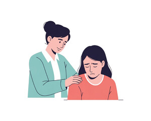 Obraz premium Woman comforting sad friend, empathy and mental health support, female psychology counseling, compassion concept, mother helping depressed daughter, emotional care, flat vector illustration