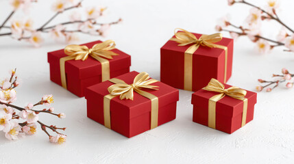 Fototapeta premium Elegant Red Gift Boxes with Gold Ribbons Arranged with Cherry Blossom Branches on a Light Background