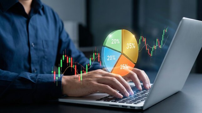Businessman analyzing financial data on laptop with glowing holographic pie chart and stock market candlestick trends, symbolizing investment growth, market statistics, economic strategy, and digital - Powered by Adobe