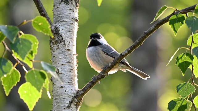 Black-capped chickadee perched on a branch next to a birch tree in the sunlight with soft bokeh background
