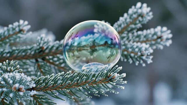Close Up of a Frosted Pine Branch with a Translucent Bubble Reflecting a Winter Sky During the Day
