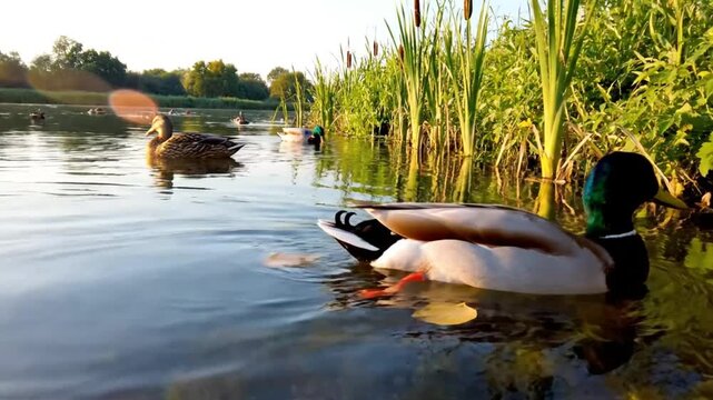 Mallard ducks quacking and swimming in a tranquil lake on a sunny day with lush green reeds