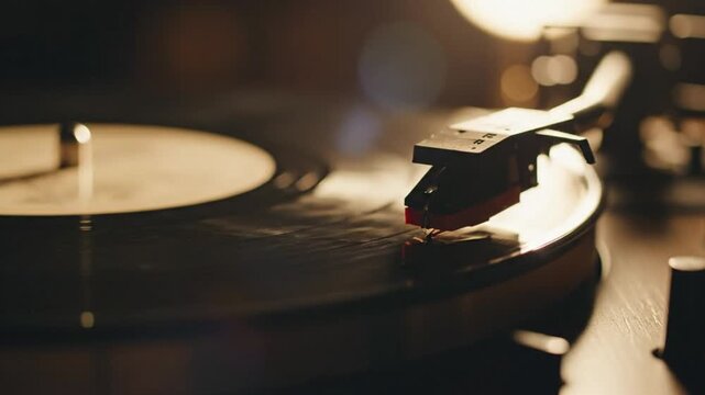 Close up shot of vintage turntable playing music in a dimly lit, warm environment, nostalgic feel
