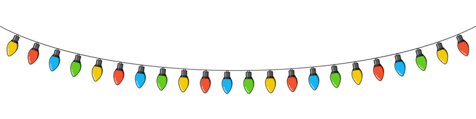 Bulbs on a string. Hanging light bulbs. Colorful light bulbs for decoration. Lights garland. Lights string decoration. Vector illustration
