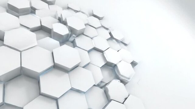Abstract white geometric hexagonal shapes moving and morphing with bright light, modern digital background.