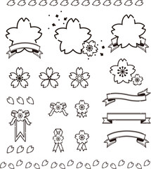 Cherry Blossom Monochrome Icon and Ribbon Set. Line Art Decorative Frames and Labels for Spring