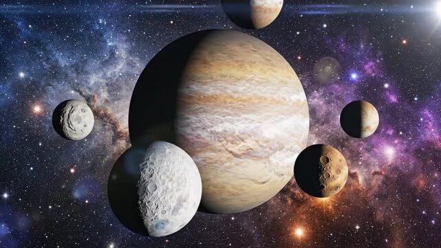 Jupiter and its moons in the vast universe with sparkling stars and galaxies in cosmic space
