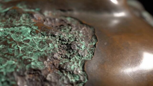 Close-up of weathered bronze statue surface showing detailed green verdigris corrosion patterns and patina texture