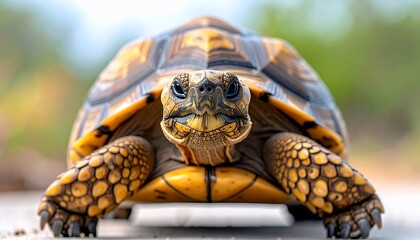 A close-up of a tortoise, showcasing its shell and face in detail