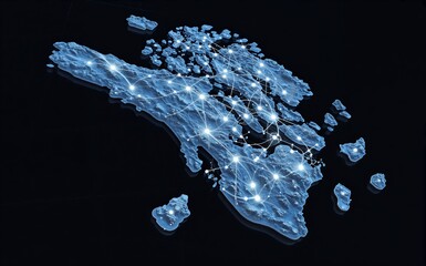 Blue digital map of islands connected by glowing network lines against black background.